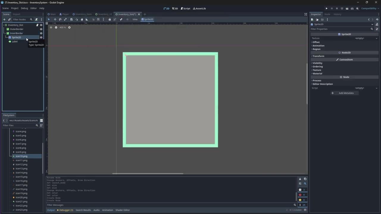 Godot editor showing an inventory slot scene with a square slot frame in the viewport and Sprite2D and Label nodes in the scene tree.