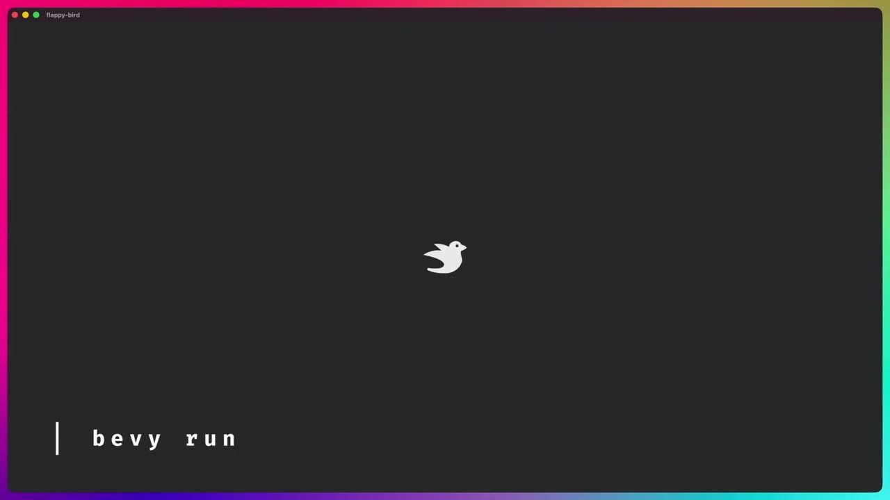 A dark game window shows a small white bird sprite near the center and the text