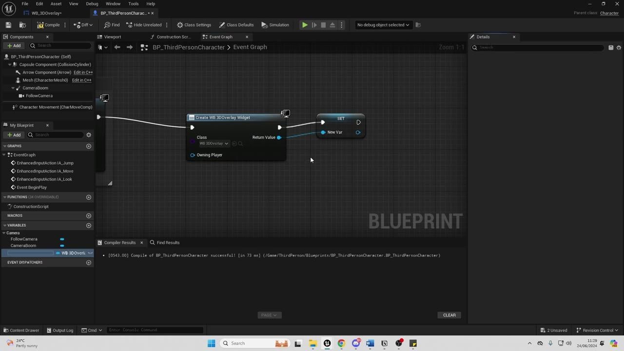 Unreal Engine Blueprint editor showing the BP_ThirdPersonCharacter Event Graph with a Create WB 3DOverlay Widget node connected to a Set node.