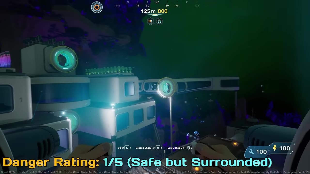 A futuristic underwater base within a glowing green environment, surrounded by neon-lit structures and plants.