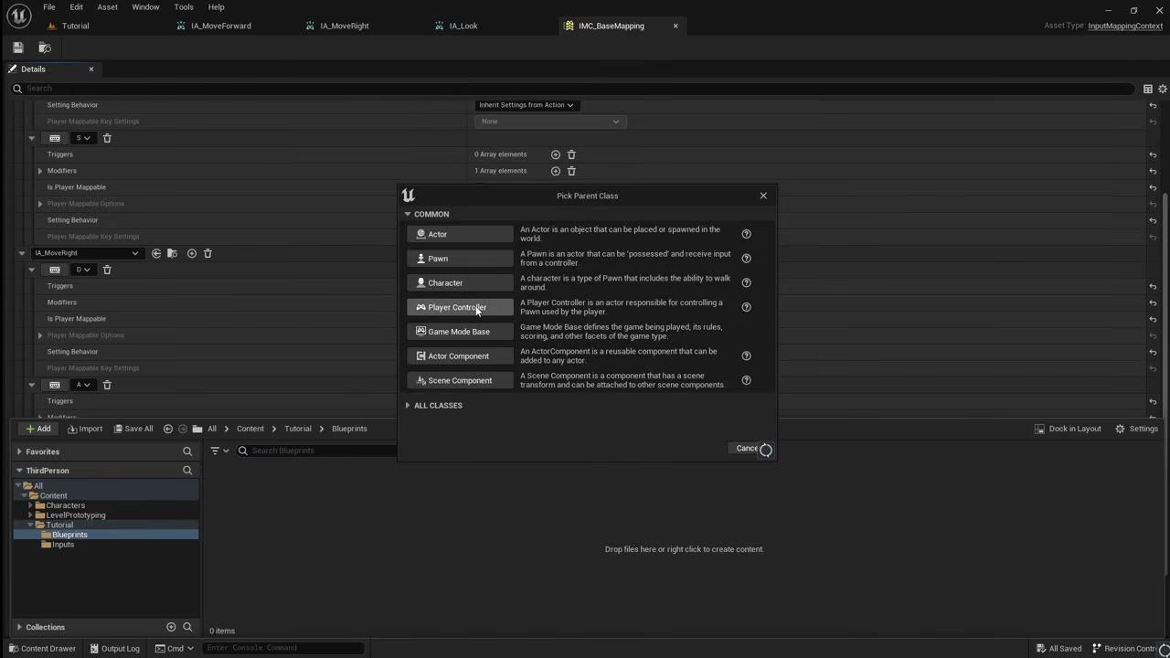 Unreal Engine editor with the Content Browser open and a Pick Parent Class dialog centered on Player Controller.