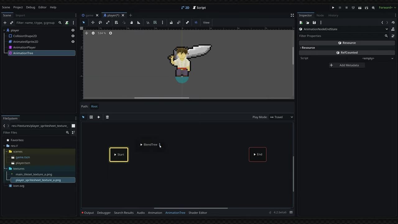 Godot editor with the AnimationTree dock open, showing a mostly empty graph area with Start and End nodes and a BlendTree label.