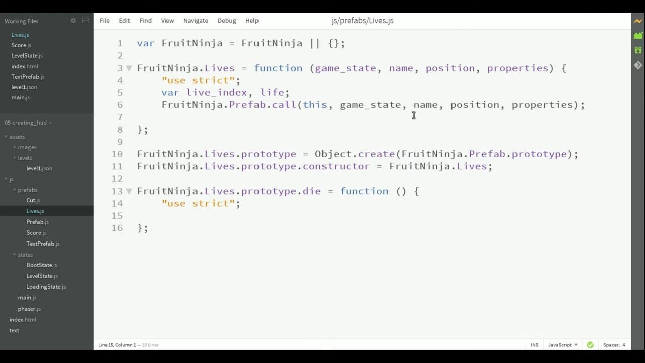 A code editor is open to js/prefabs/Lives.js with the Lives prefab constructor and prototype definitions visible.