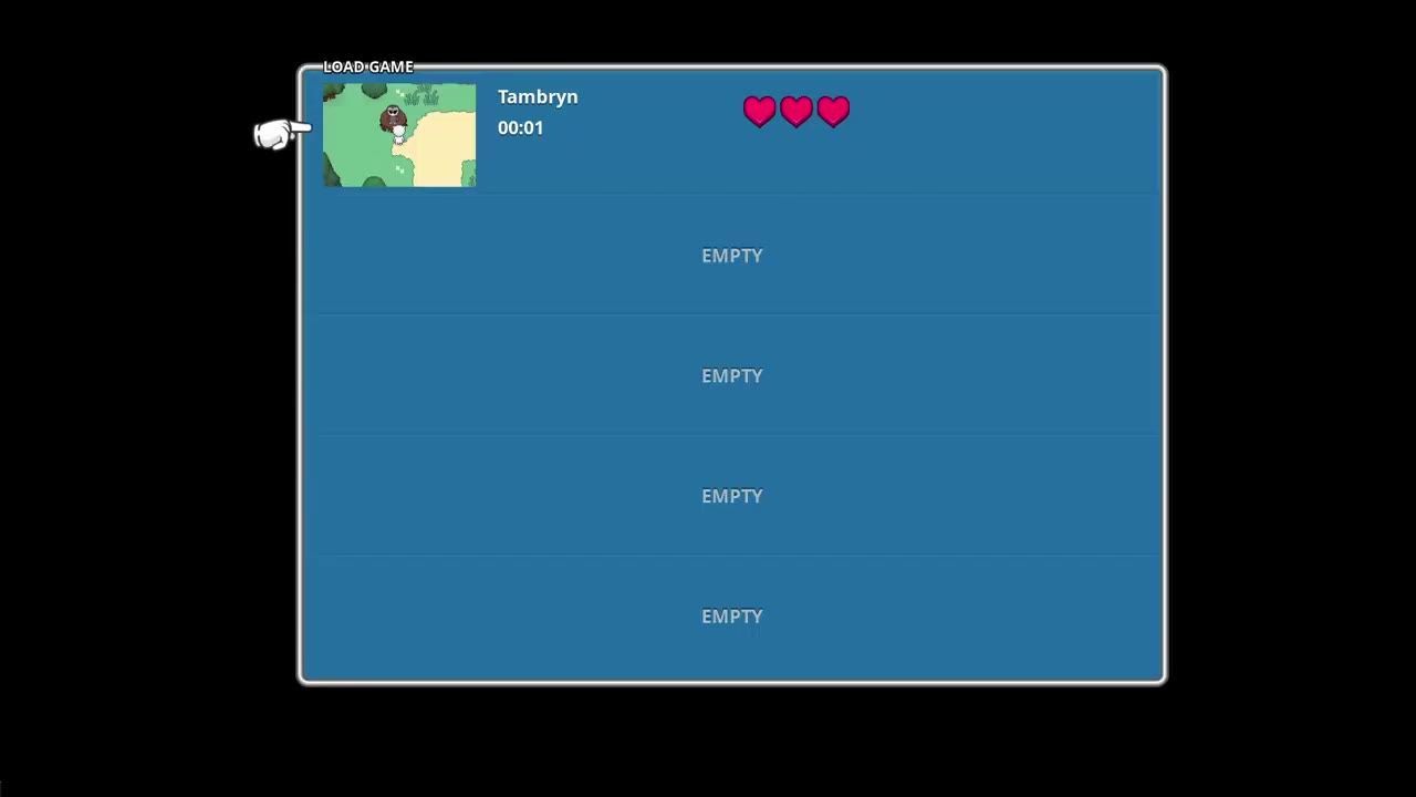 A load game menu shows one saved slot with a preview image, the name Tambryn, play time 00:01, and three heart icons, with several empty slots below.