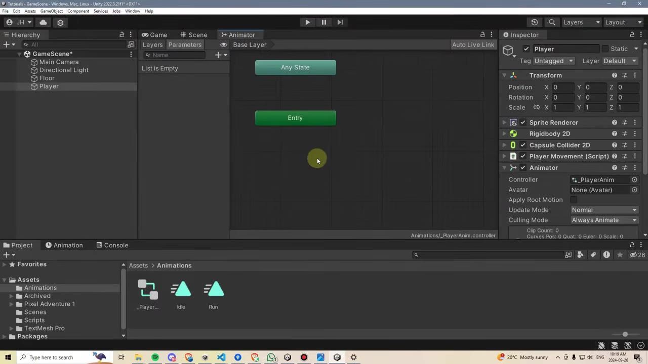 Unity Editor with the Animator tab open, showing Any State and Entry in the state machine graph and Idle and Run animation assets in the Project panel.
