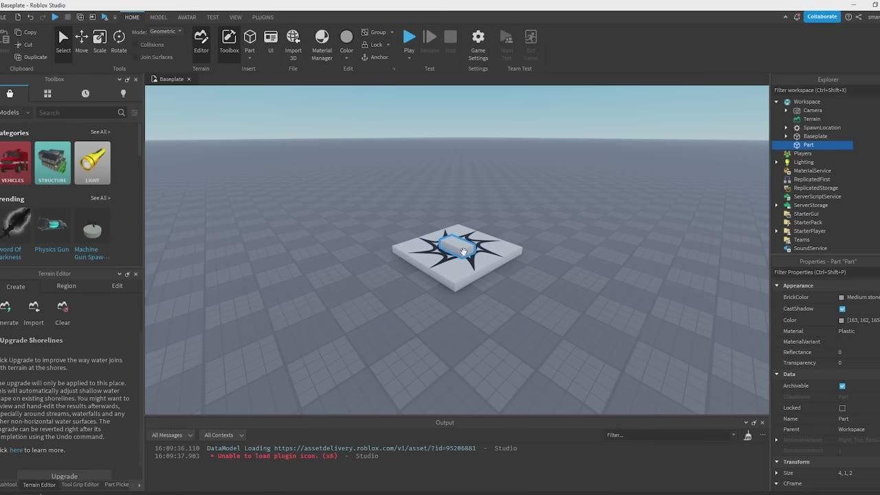 Roblox Studio is open with a selected part on the baseplate in the viewport and the Model toolbar visible across the top.