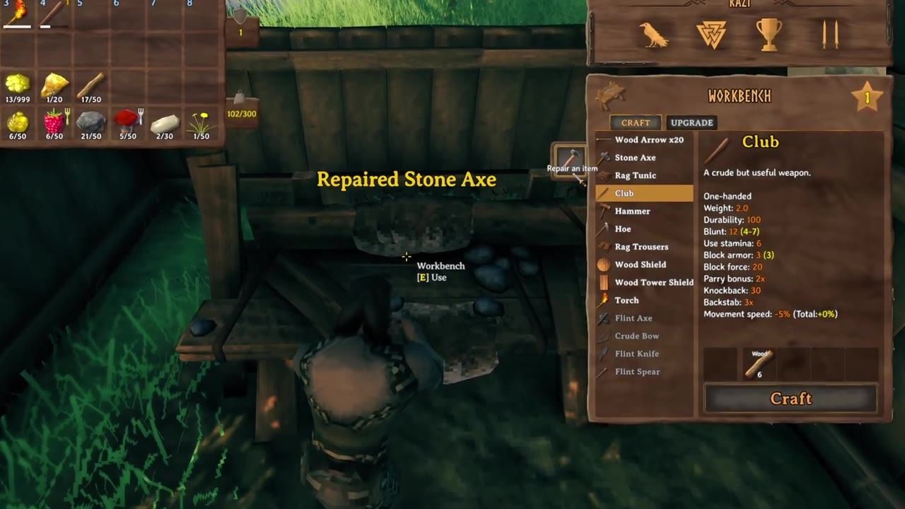 View of a game character interacting with a workbench, showing its crafting interface and repair hammer button.