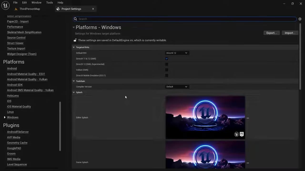 Unreal Engine Project Settings is open to Platforms - Windows, showing targeted RHIs, toolchain options, and splash image settings.