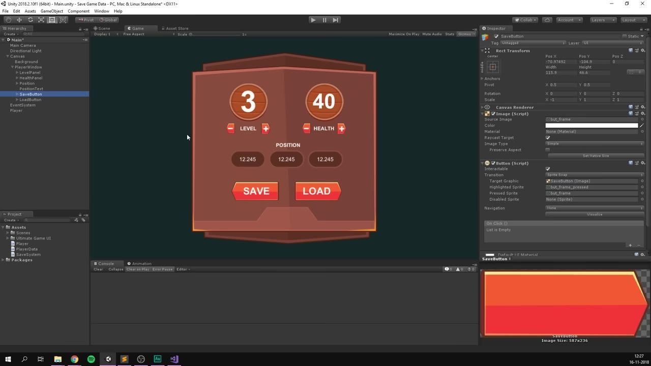 Unity Editor with the SaveButton selected in the Hierarchy and the Inspector open to the Button component showing the On Click event list.