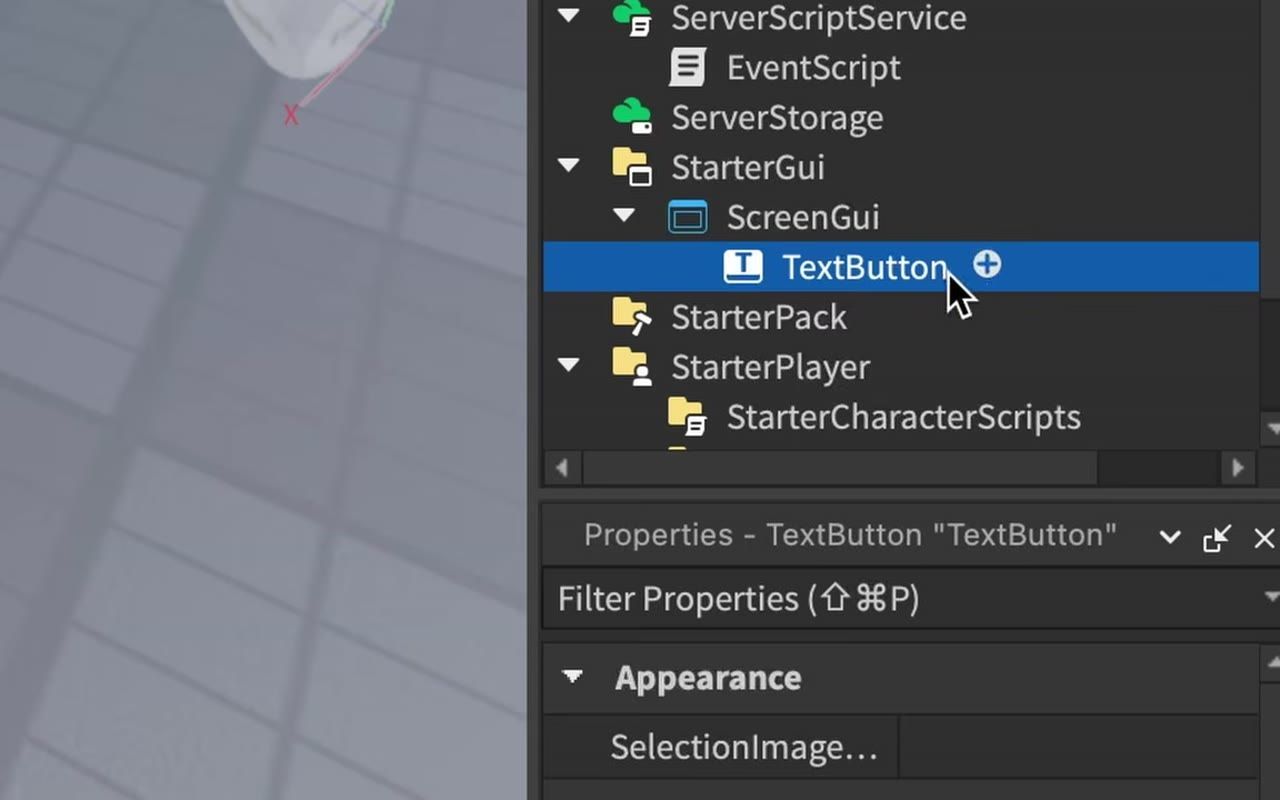 Roblox Studio shows StarterGui expanded in the Explorer with a ScreenGui containing a selected TextButton and the Properties panel below.