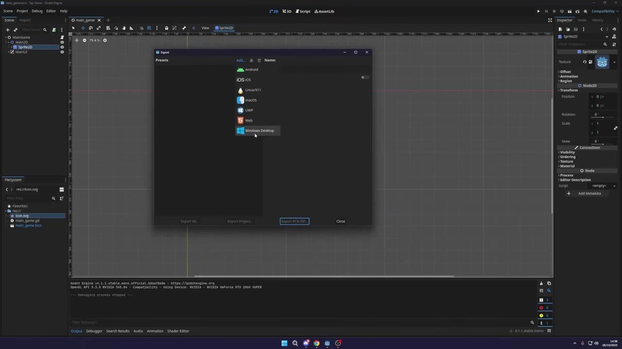 Godot editor with the Export dialog open and the Windows Desktop preset highlighted in the presets list.