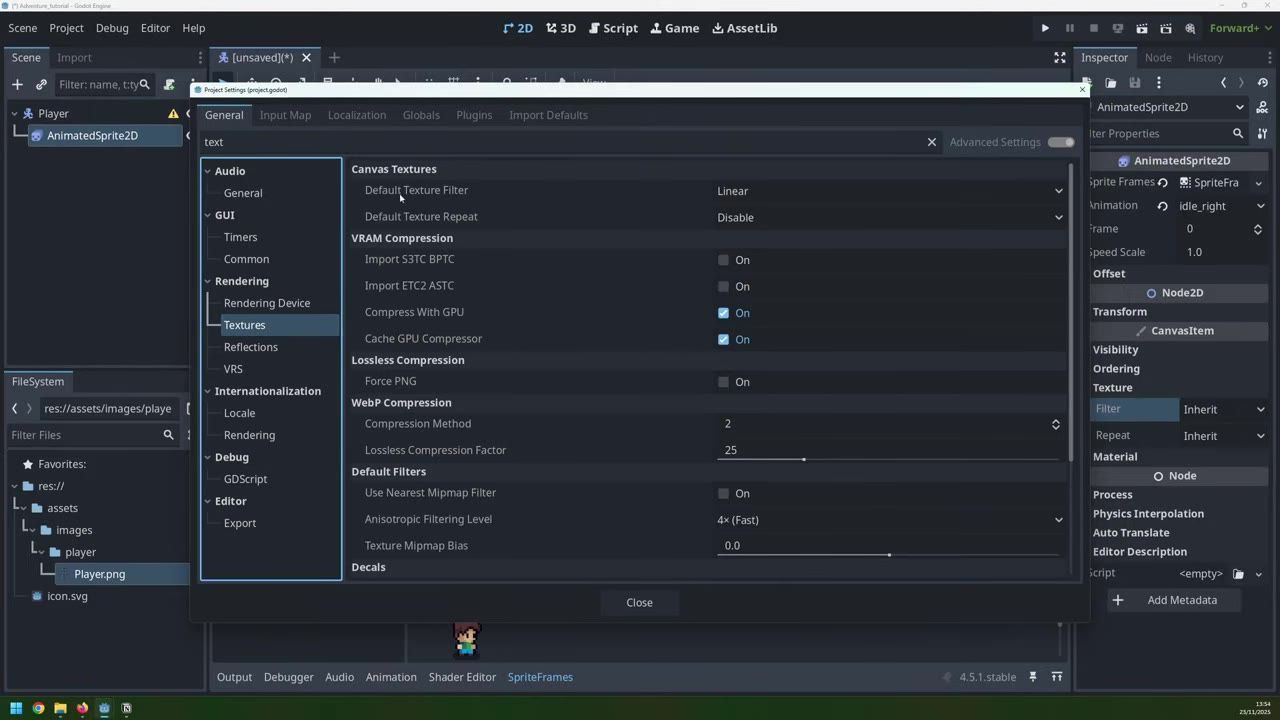Godot editor with the Project Settings window open to Rendering > Textures, showing Canvas Textures and the Default Texture Filter set to Linear.