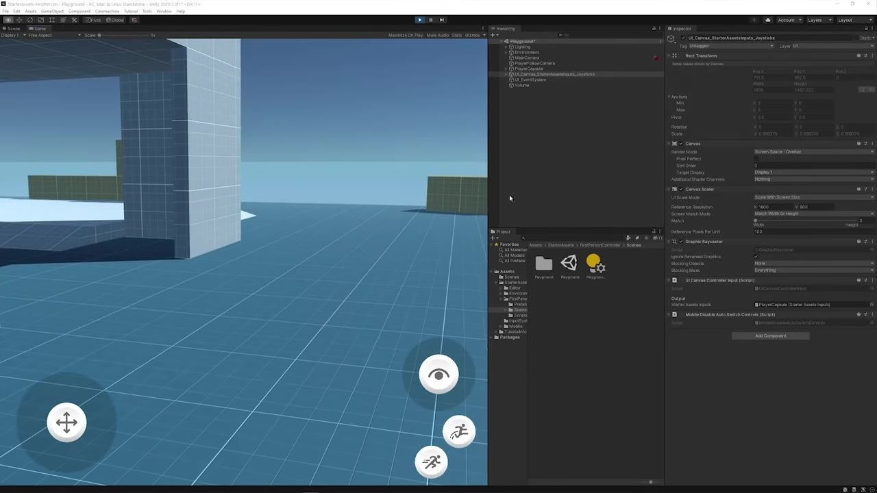 Unity Editor with the Hierarchy panel showing MainCamera, PlayerFollowCamera, and PlayerCapsule, alongside a game view and Inspector panel.