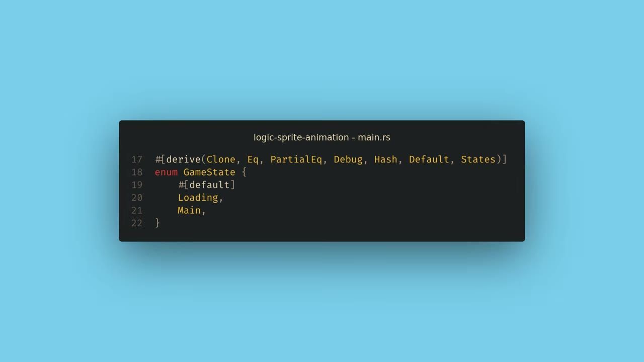 A code editor window shows a Rust file with a GameState enum containing Loading and Main variants.