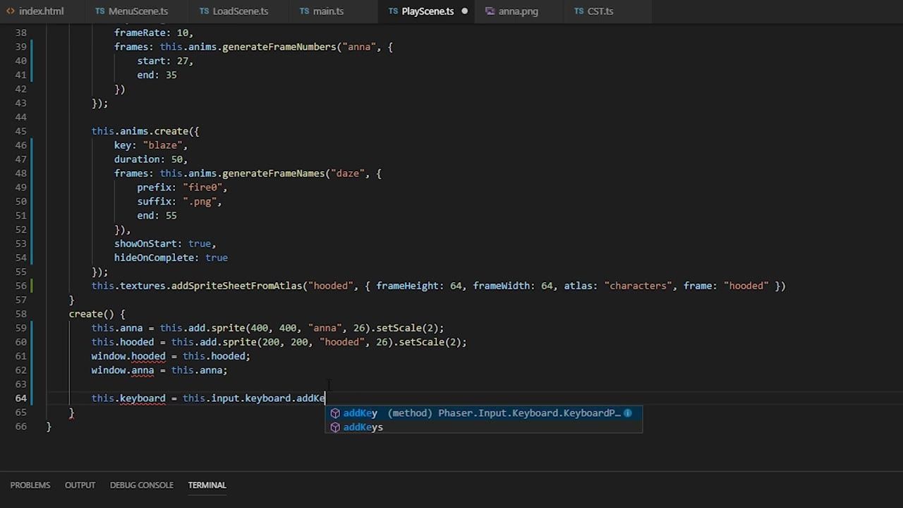 A dark-themed code editor shows PlayScene.ts with Phaser scene setup and a line being typed for this.keyboard = this.input.keyboard.addKe, with autocomplete suggestions open.