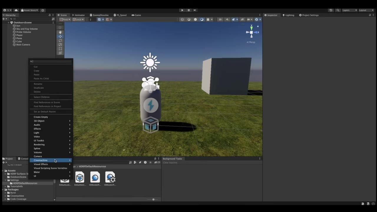 The Unity editor shows a scene view with the Hierarchy on the left, the Inspector on the right, and a context menu open on the Cinemachine submenu.