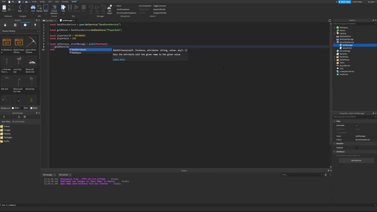 Roblox Studio is open with a Lua script in the editor, showing a pcall save block and a SetAsync autocomplete suggestion.