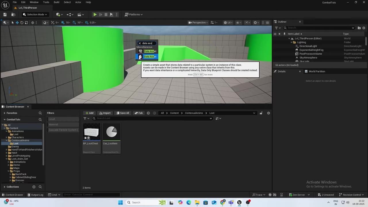 Unreal Engine editor with the Content Browser open to ContextualAnims/Loot, showing a Cas_LootItem contextual animation data asset and a small asset creation popup in the viewport.
