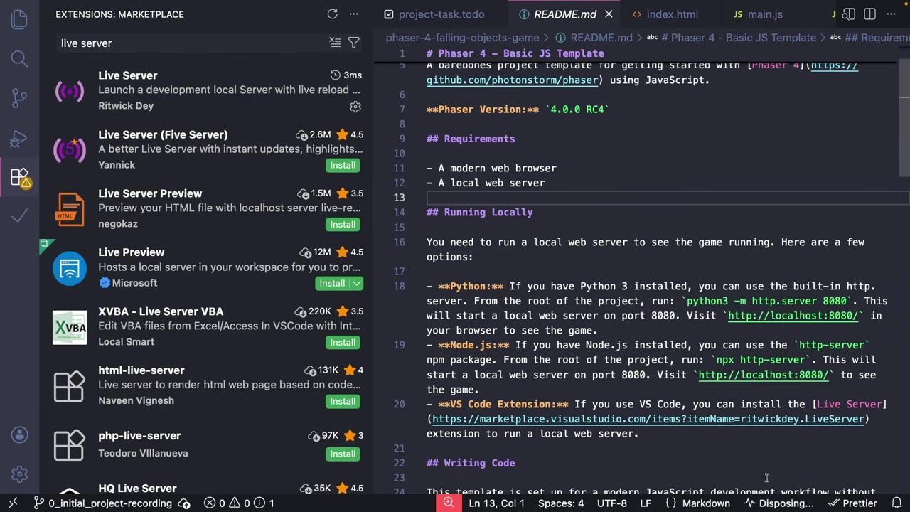 Visual Studio Code is open with the Extensions marketplace on the left showing Live Server results and a README.md file in the editor on the right.