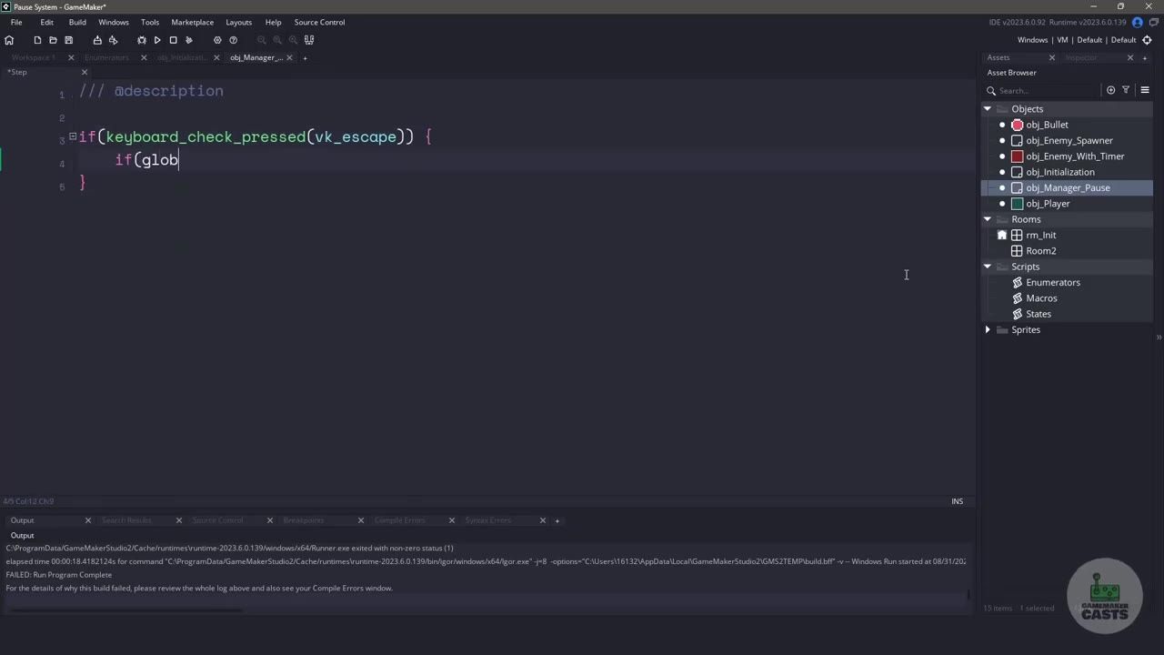 GameMaker Studio is open with obj_Manager_Pause selected and the Step event code editor showing an if statement checking keyboard_check_pressed(vk_escape).
