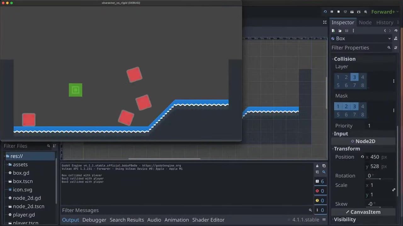 A Godot game window shows a green square character in a gray level pushing several red boxes near a blue platform edge.