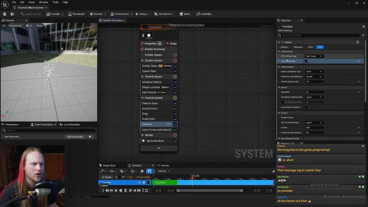 Unreal Engine Niagara editor with the Collision module selected and its properties panel open on the right, showing collision, radius, bounce, and friction settings.
