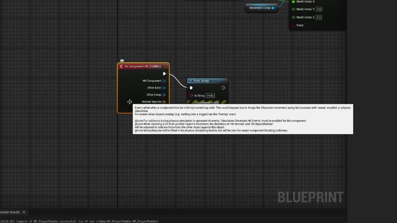 Unreal Engine Blueprint event graph showing an On Component Hit node connected to a Print String node.