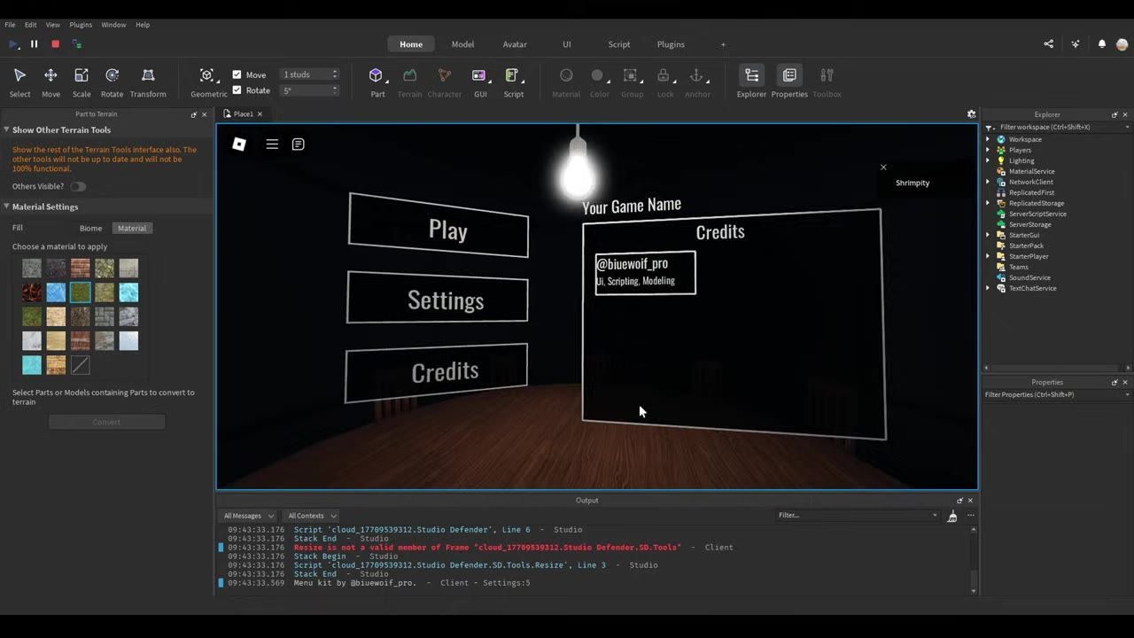 Roblox Studio displays a game menu with large Play, Settings, and Credits buttons on a dark scene.