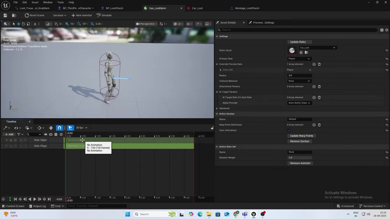 Unreal Engine animation editor showing a character standing in the preview scene with an object target visible, plus timeline and asset details panels.