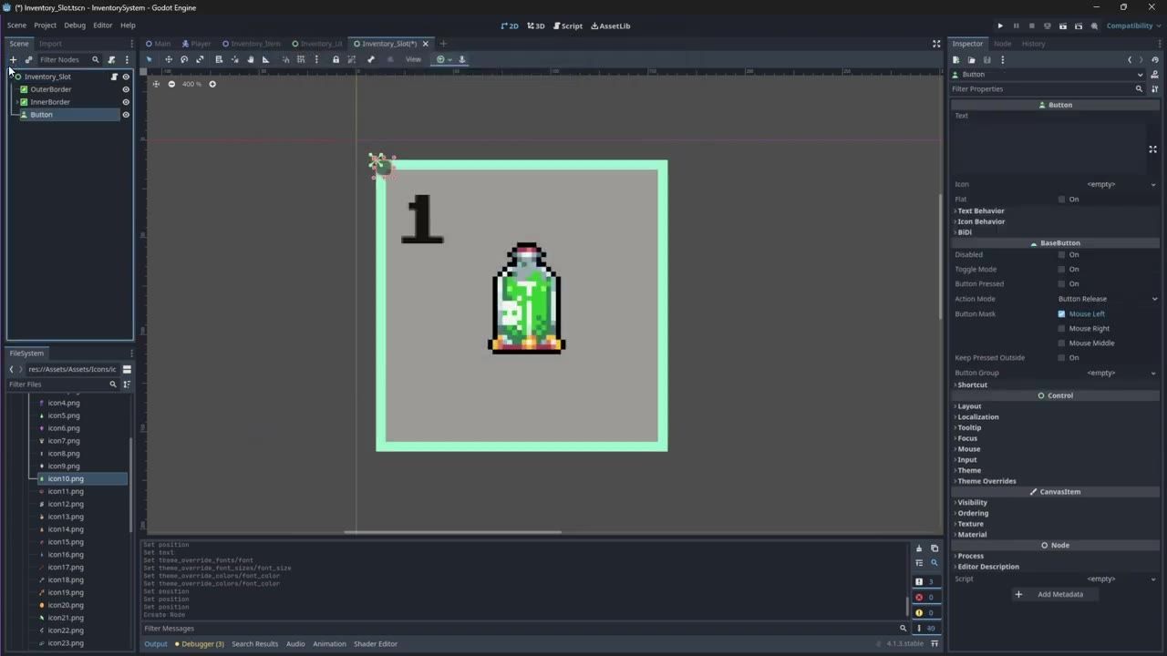 Godot editor showing an inventory slot scene with the Button node selected in the Scene dock and the Inspector open on the right.