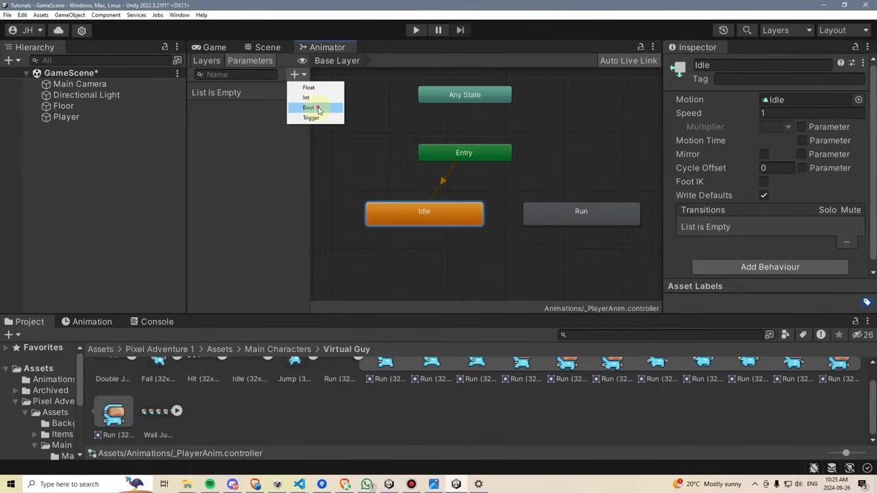 Unity Animator window with the Parameters tab open and the add parameter menu showing Float, Int, Bool, and Trigger options, with Bool highlighted.