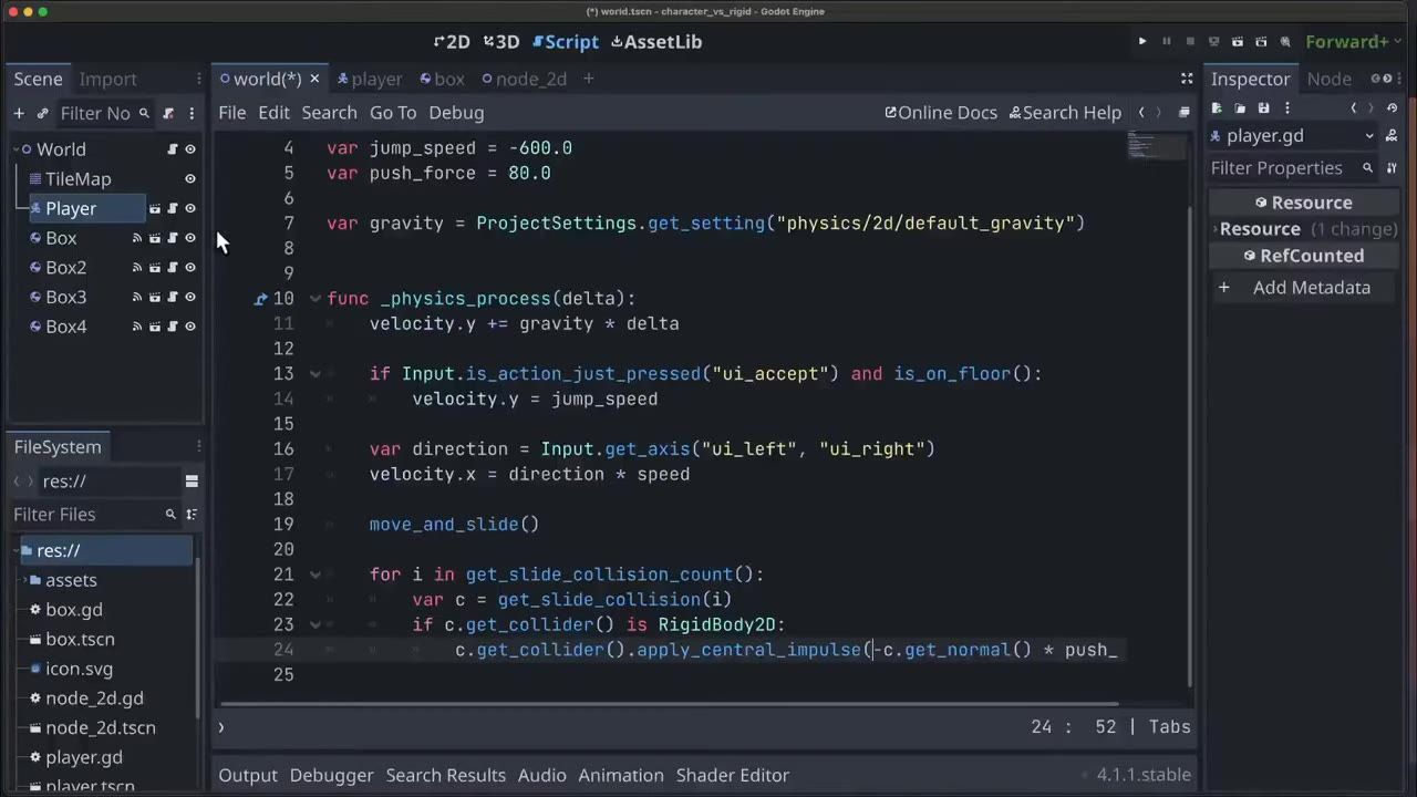 Godot Engine is open in the script editor with player.gd selected, showing _physics_process code that checks collisions and applies a central impulse to a RigidBody2D.