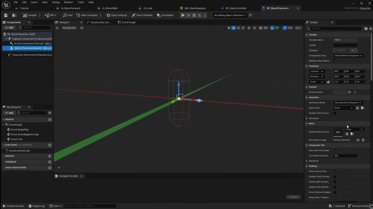 Unreal Engine Blueprint editor showing a character blueprint viewport with a capsule outline and transform gizmo in the center, the Mesh component selected in the Components panel, and Details on the right.