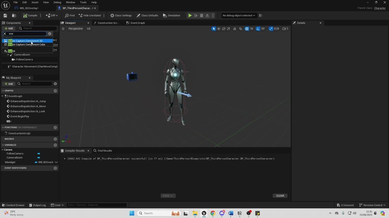 Unreal Engine blueprint editor shows a character in the viewport with the Components panel open and Scene Capture Component 2D selected.