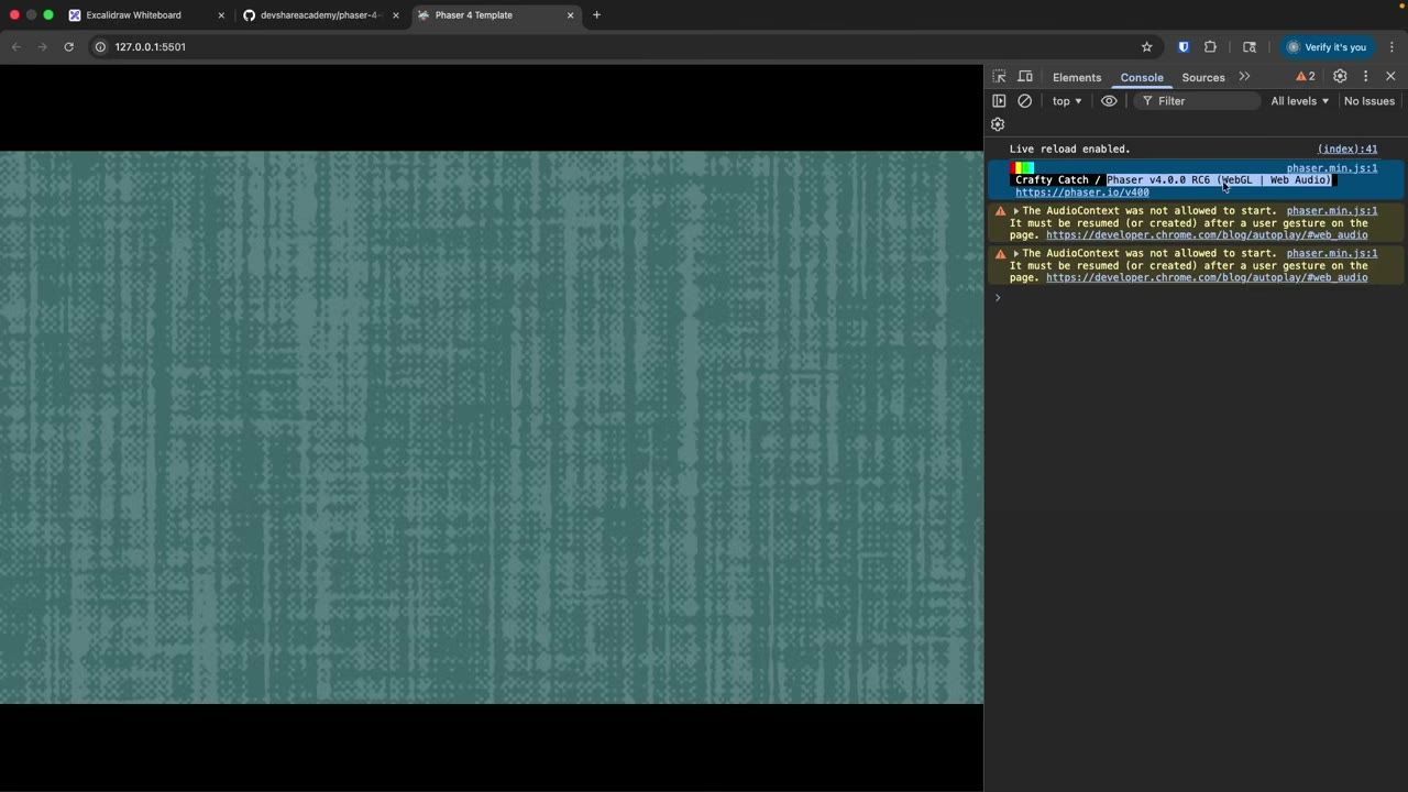 A Chrome browser window shows a game canvas on the left and DevTools Console on the right with Phaser log messages.