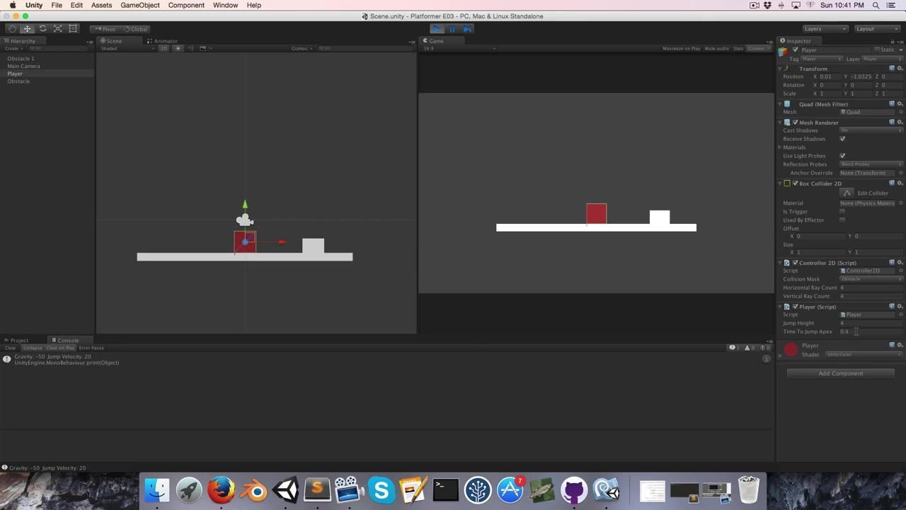 Unity editor with the Game view running, a Player object selected in the Inspector, and script fields for jump height and time to jump apex visible.
