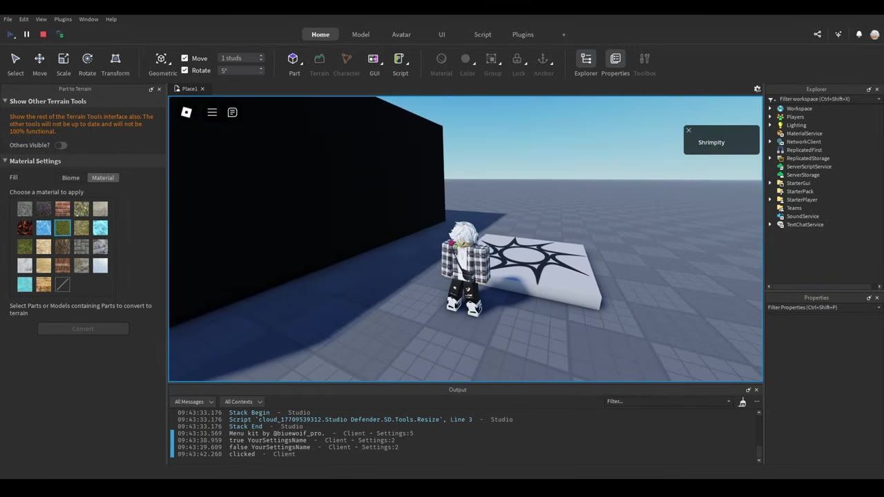 Roblox Studio is open with the editor workspace, Explorer and Properties panels, and a UI menu element visible in the 3D viewport.