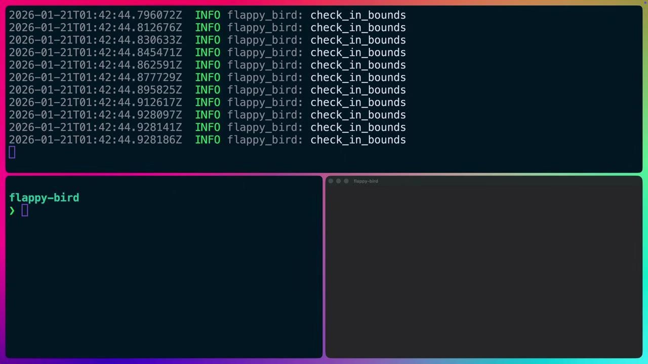 A terminal window shows repeated INFO log lines for flappy_bird check_in_bounds, and a separate game window area is blank.