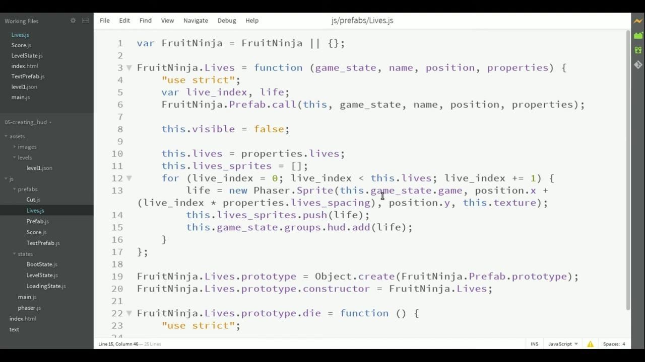 A code editor displays Lives.js with JavaScript for a FruitNinja lives prefab, including setup of life sprites and the start of a die function.