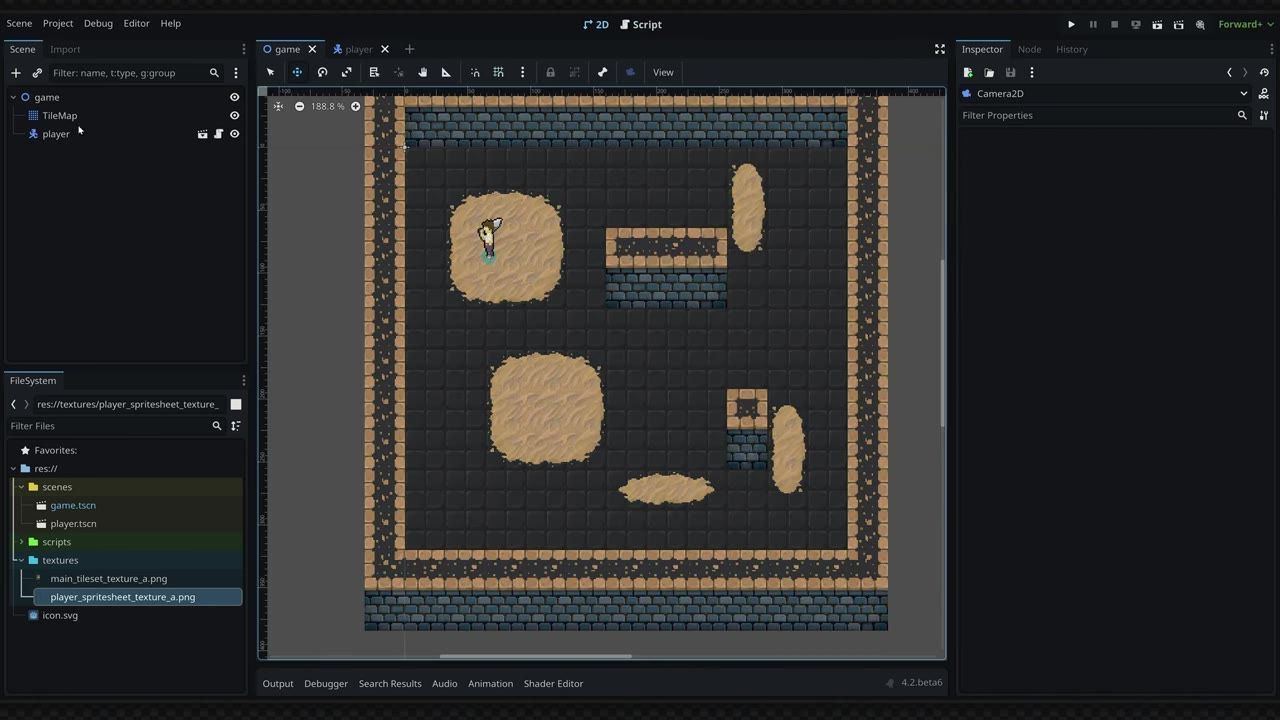 Godot editor showing a 2D game scene with the scene tree on the left, the level in the center, and the inspector on the right.