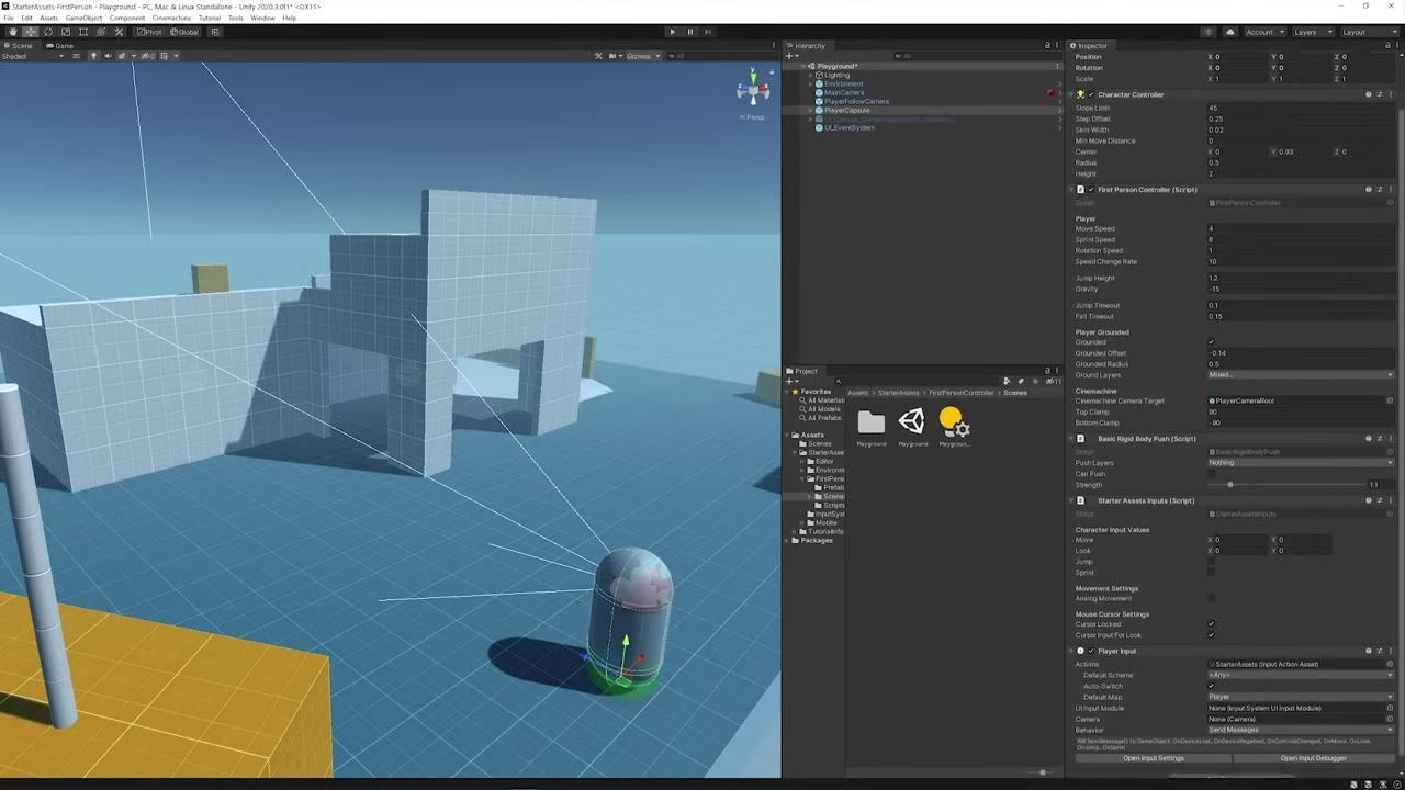 Unity Editor with the Inspector panel open on a player capsule object, showing Character Controller and First Person Controller settings.