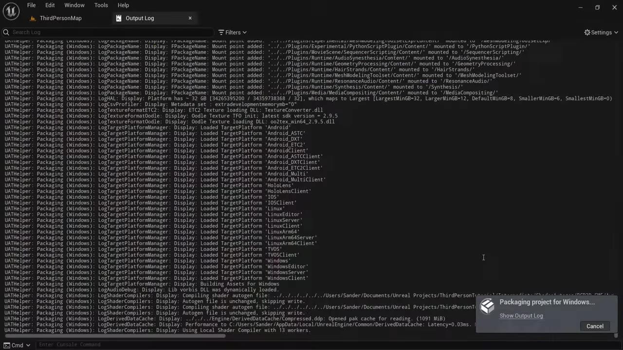 Unreal Engine Output Log window displays packaging messages while a Windows packaging progress dialog appears in the lower right.