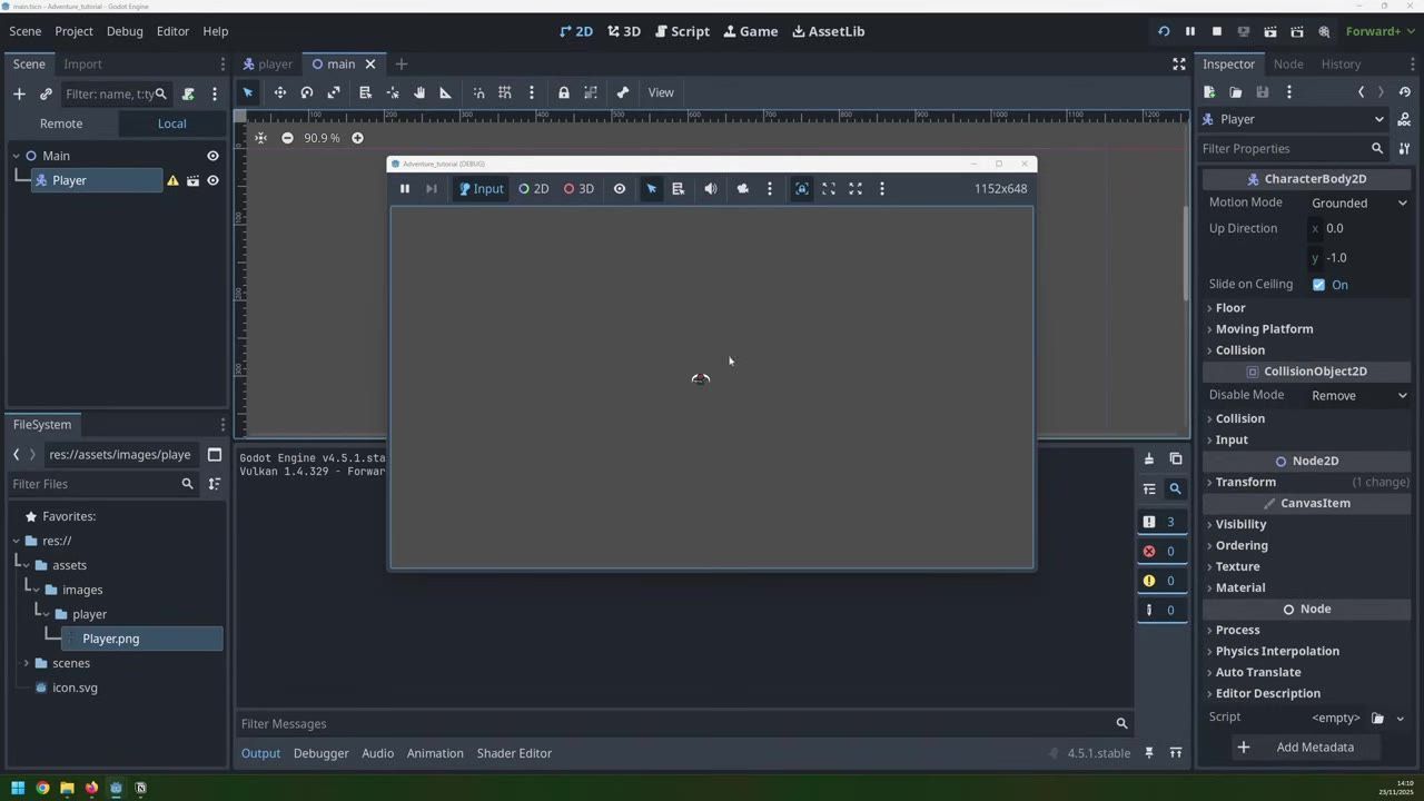 Godot Engine is open with a running game window centered on the editor, showing a small player sprite in a gray main scene.