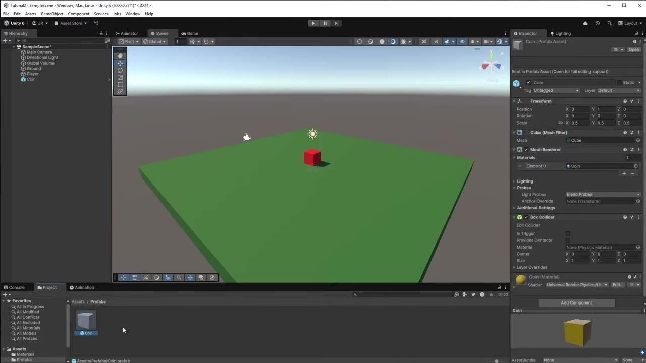 Unity editor with the Hierarchy on the left, the Scene view in the center, the Inspector on the right, and the Project window open to Assets > Prefabs showing a Coin prefab asset.