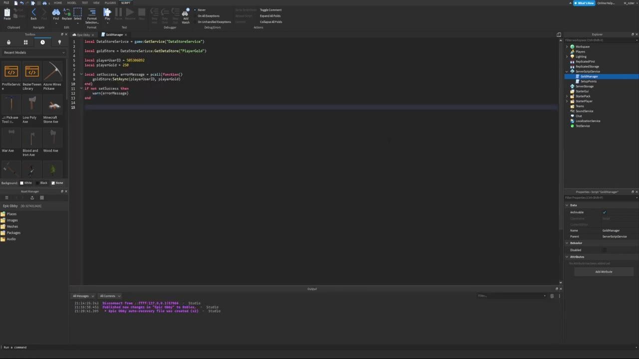 Roblox Studio is open with a Lua script in the editor and the Output panel docked along the bottom.