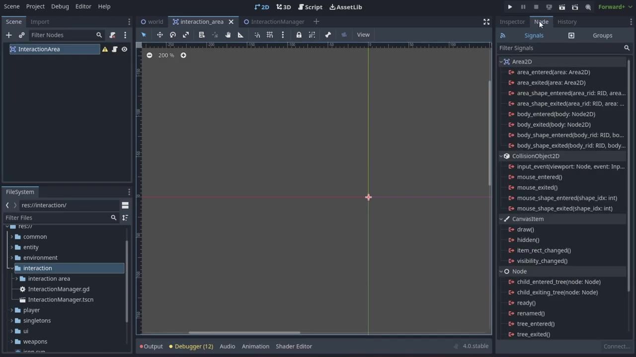 Godot editor with the Node tab open for InteractionArea, showing the Signals list with body_entered and body_exited visible.