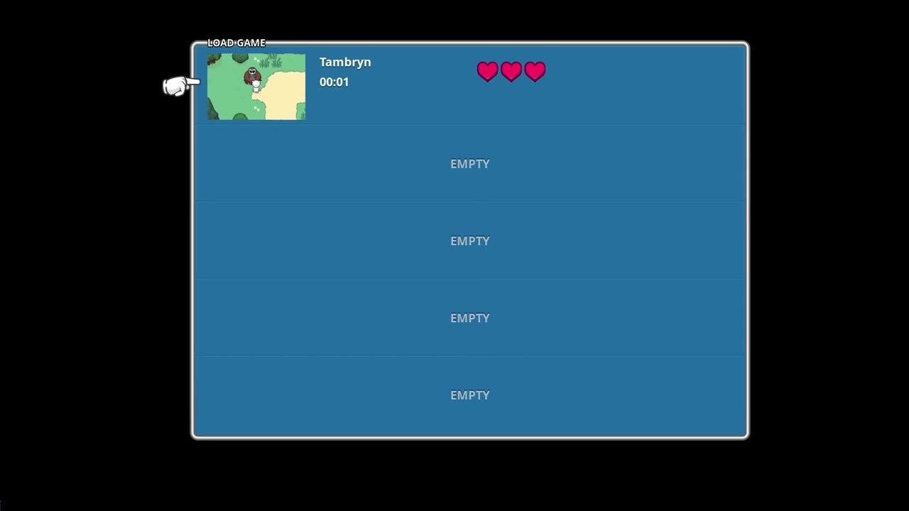 A load game menu shows a selected save slot named Tambryn with a small map preview, three heart icons, and several empty slots below.