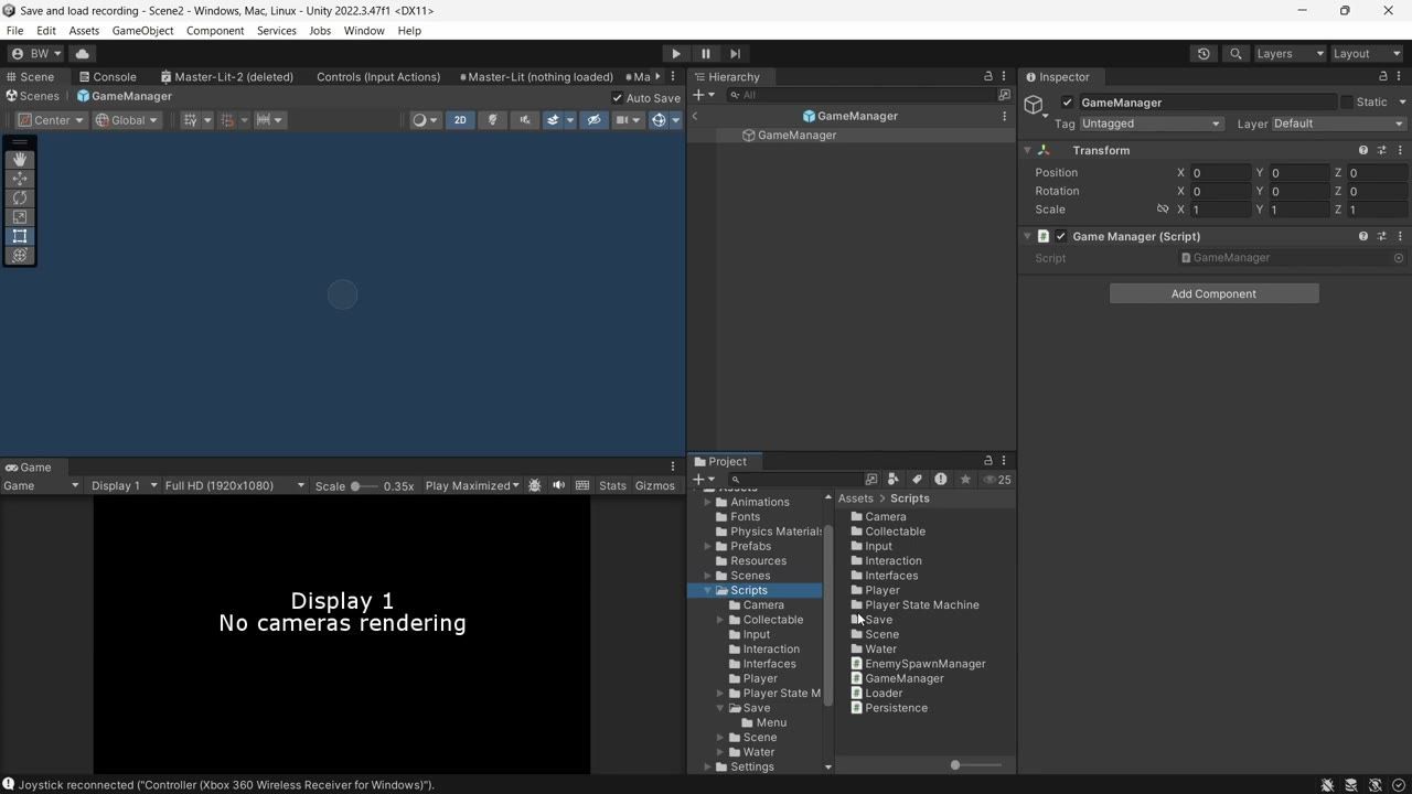 Unity Editor with the GameManager object selected in the Hierarchy and its components shown in the Inspector, while the Game view displays no camera rendering.