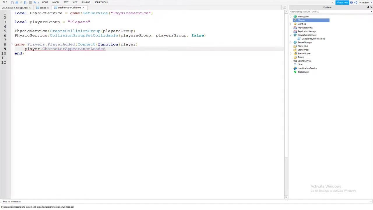 Roblox Studio is open with a script editor on the left and the Explorer panel on the right showing ServerScriptService and a script named DisablePlayerCollisions.