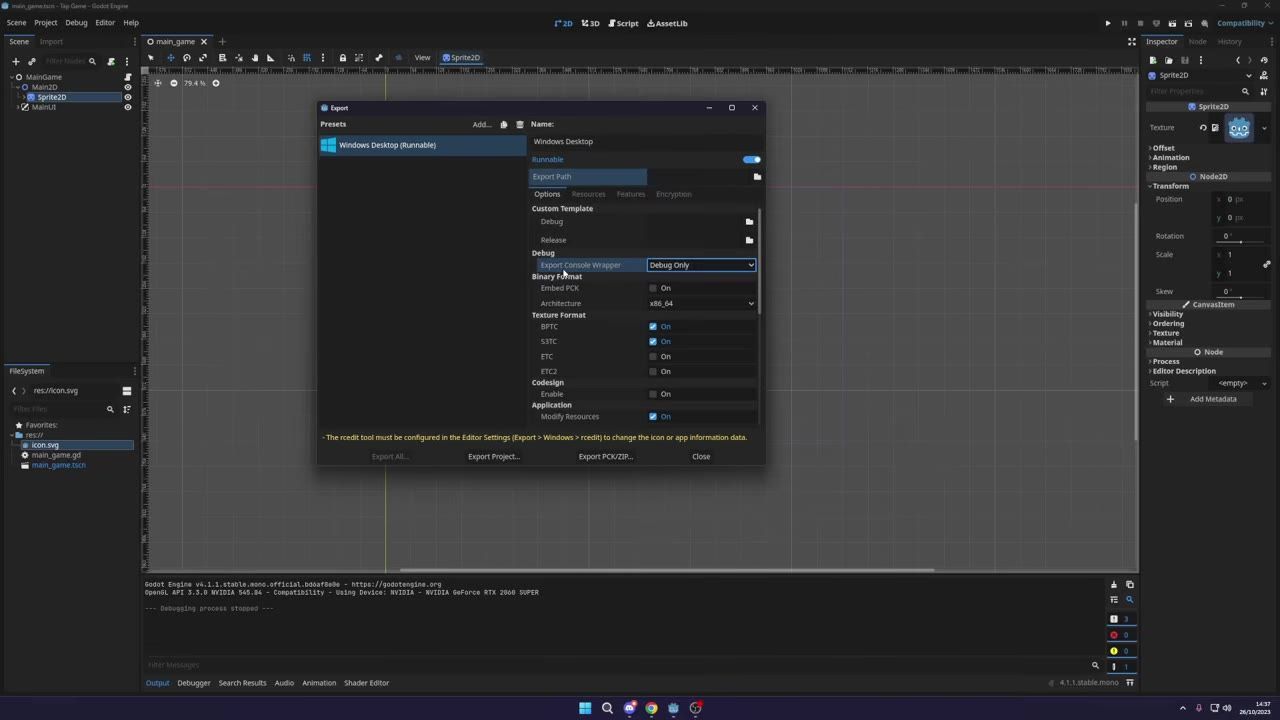 Godot editor with the Export window open for a Windows Desktop preset, showing options such as Export Console Wrapper and Embed PCK in the settings panel.